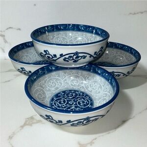 4 ~SEOKCHON LOKO Sweet Porcelain rice bowls Vine Gray Blue Print 6” #28591 Korea